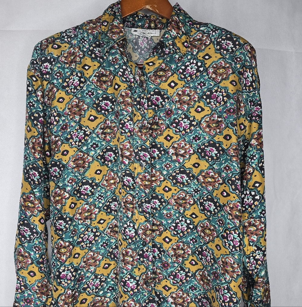 Vintage 90s Silk Blouse Boho Colorful Floral Shoulder Pads Button Up Small